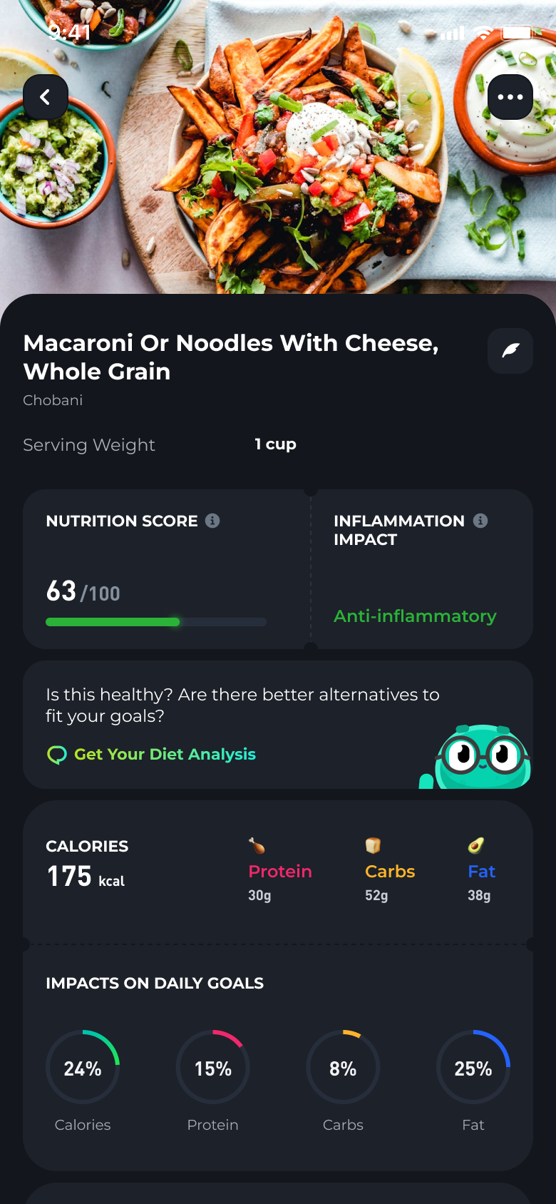 Hea meal detail screen with nutrition and daily goal impact