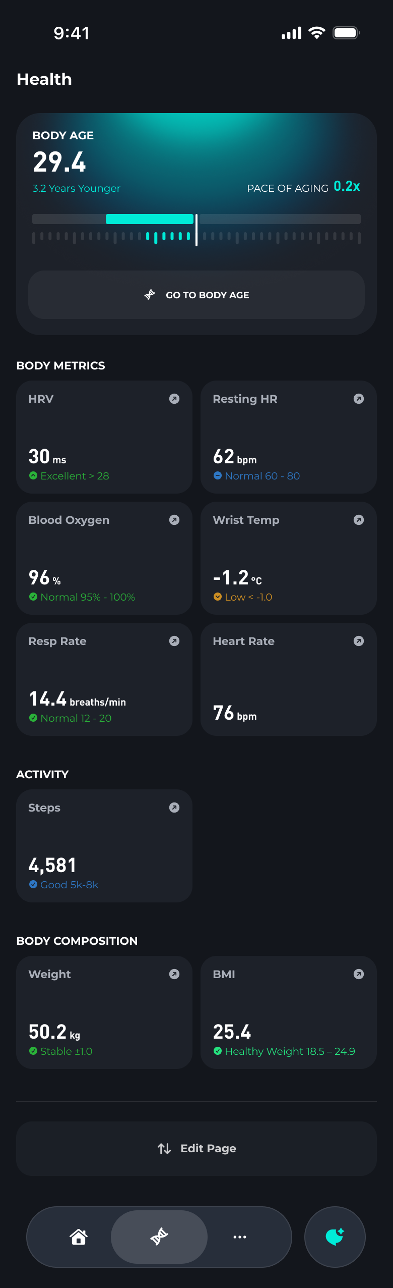 Hea Health screen with Body Age and health metrics