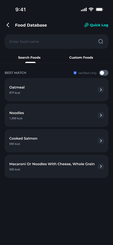 Hea food database search screen